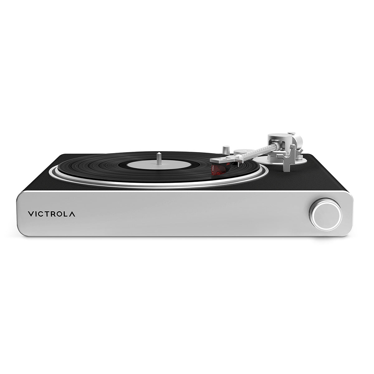 Victrola Stream Carbon Wi-Fi Streaming Turntable - black and silver - front view with record on platter and tonearm engaged