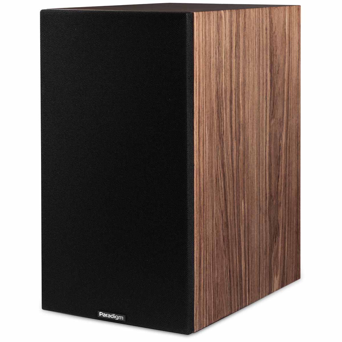 Paradigm Premier 220B V2 Bookshelf Speaker - Each walnut angled front view with grille
