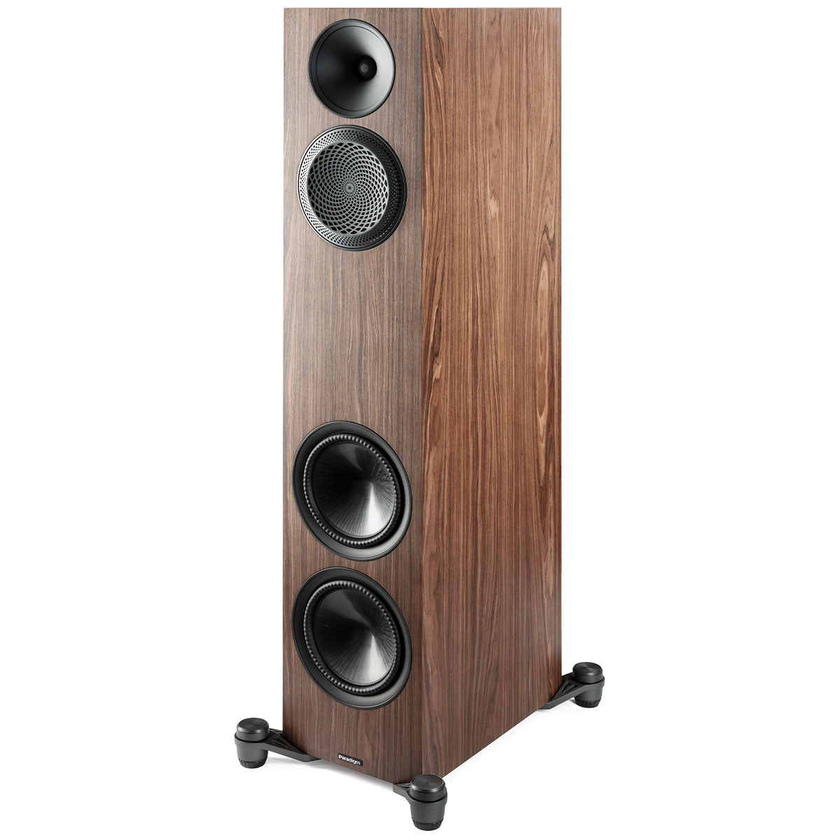 Paradigm Premier 820F V2 Floorstanding Speaker - Each walnut angled front view without grille