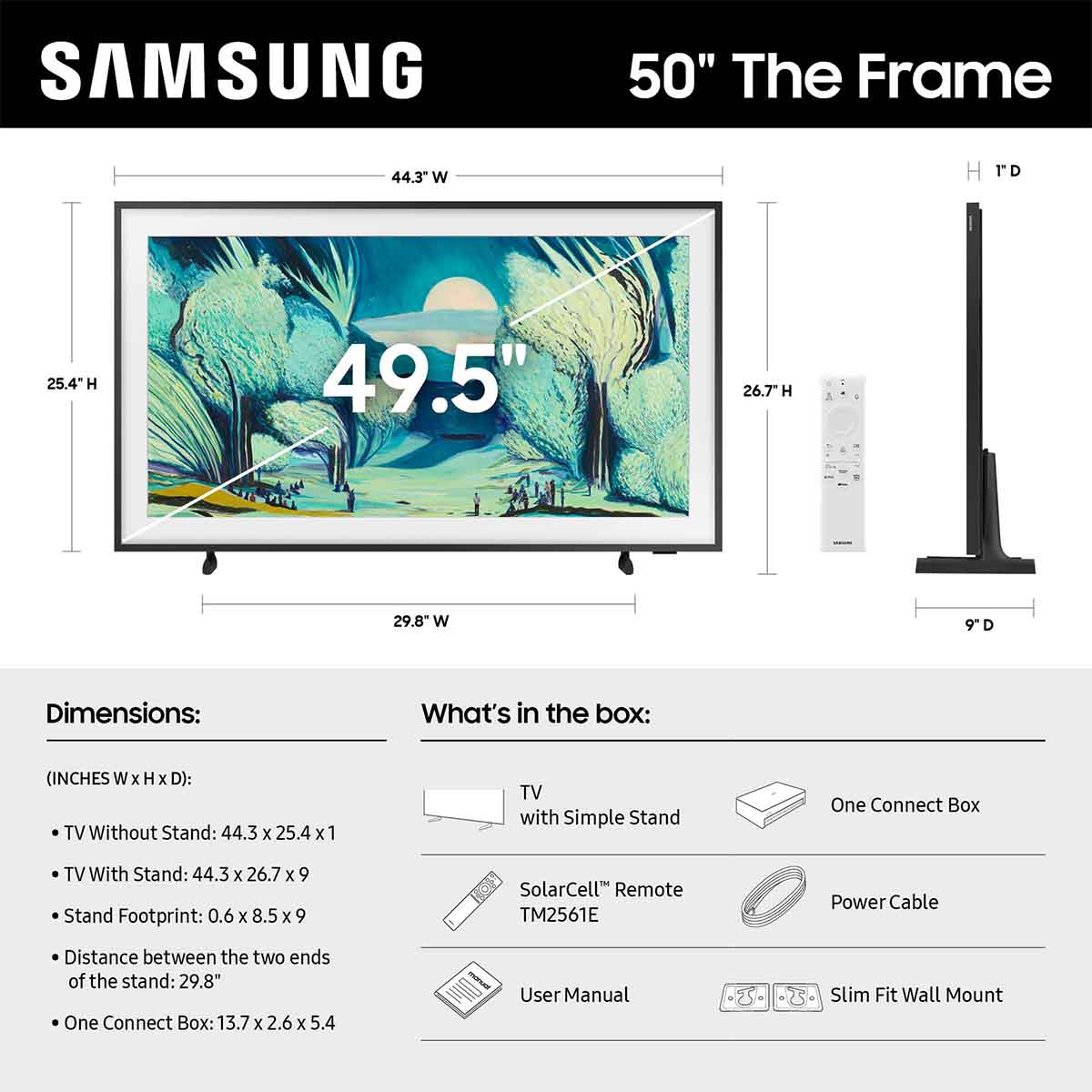 Samsung LS03FA The Frame QLED 4K Smart TV - 50" dimensions and what's in the box