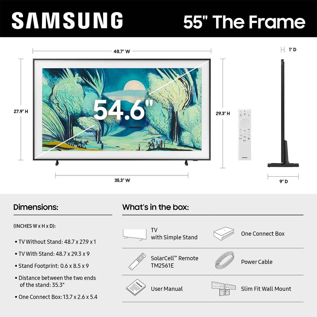 Samsung LS03FA The Frame QLED 4K Smart TV - 55" dimensions and what's in the box
