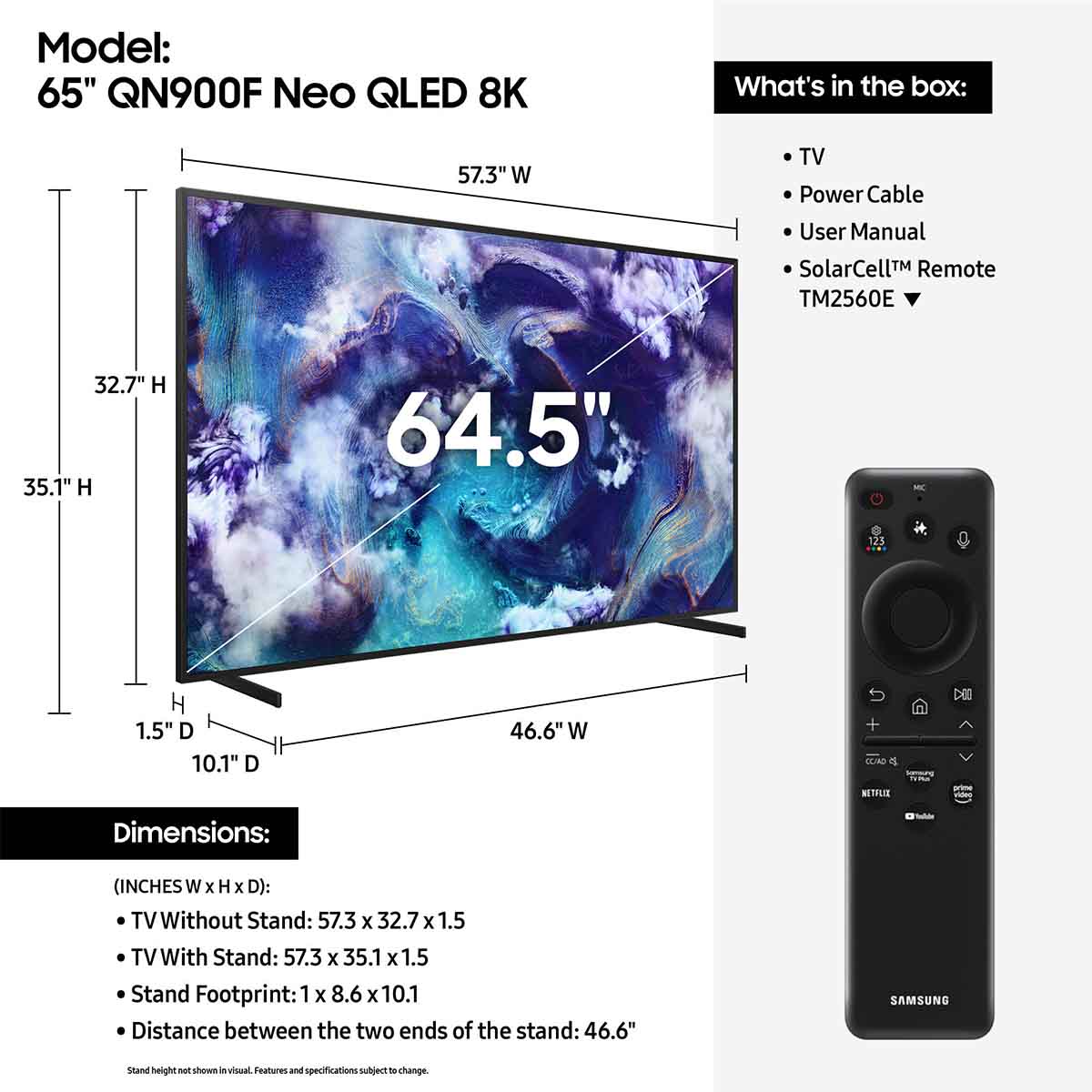 Samsung QN900F Neo QLED 8K Mini LED Smart TV - 65 inch dimensions and what's in the box