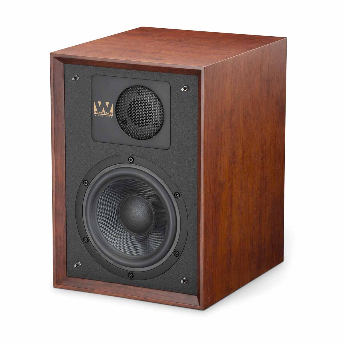 Wharfedale 85th Anniversary Denton Bookshelf Speaker - single in mahogany - angled front view