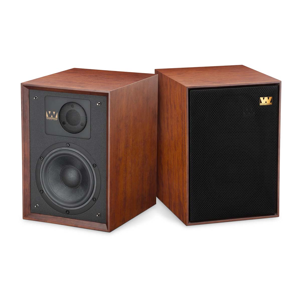 Wharfedale 85th Anniversary Denton Bookshelf Speakers - pair in mahogany - without and with grilles - angled front views