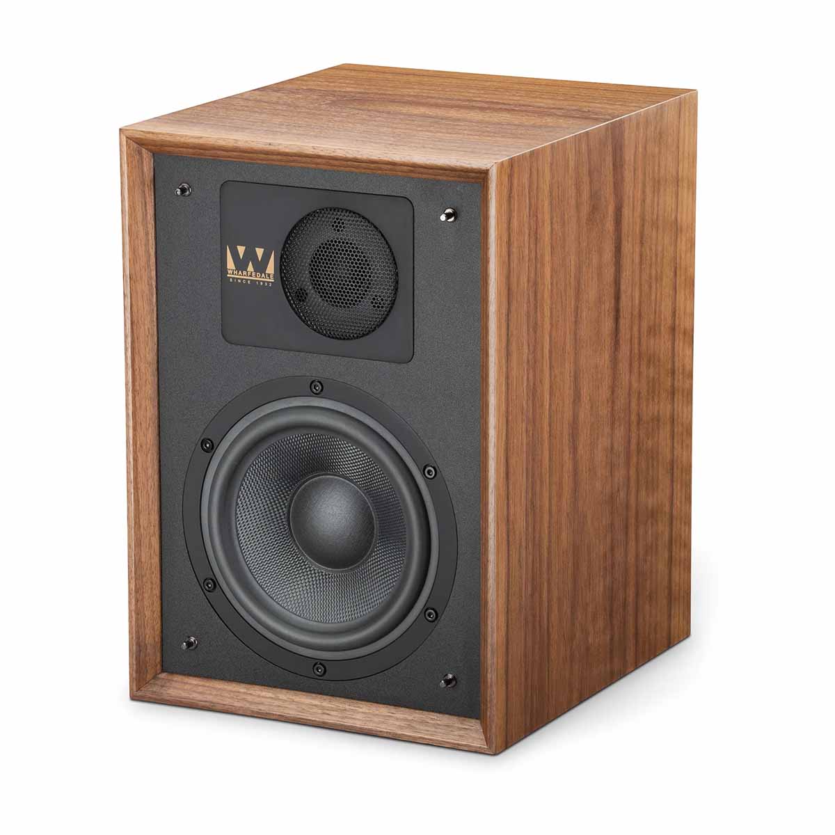 Wharfedale 85th Anniversary Denton Bookshelf Speaker - single in walnut - angled front view