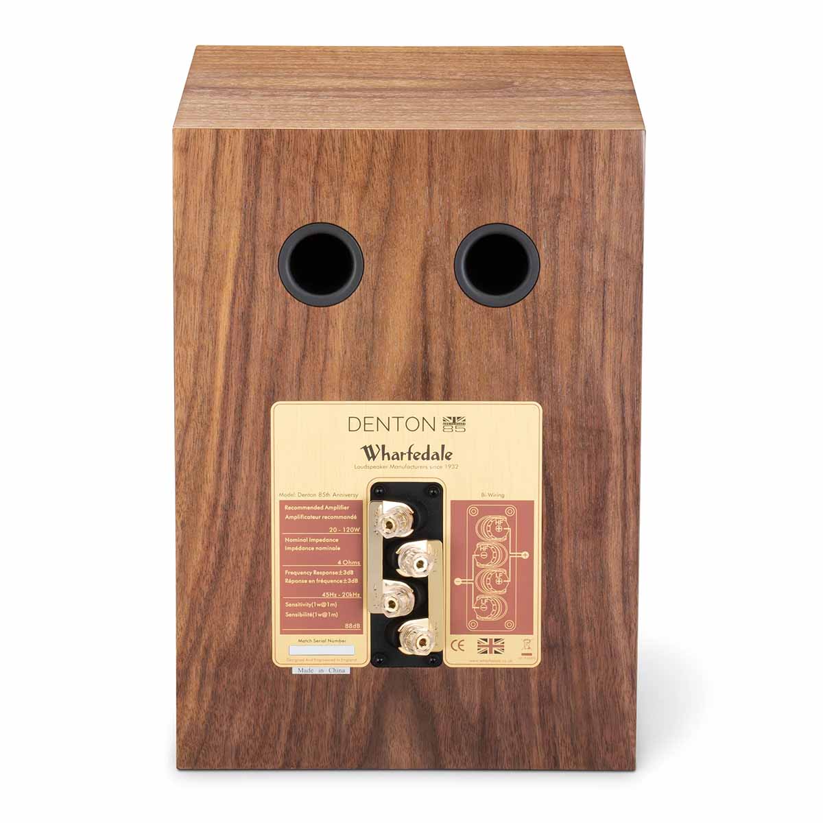 Wharfedale 85th Anniversary Denton Bookshelf Speaker - single in walnut - rear view