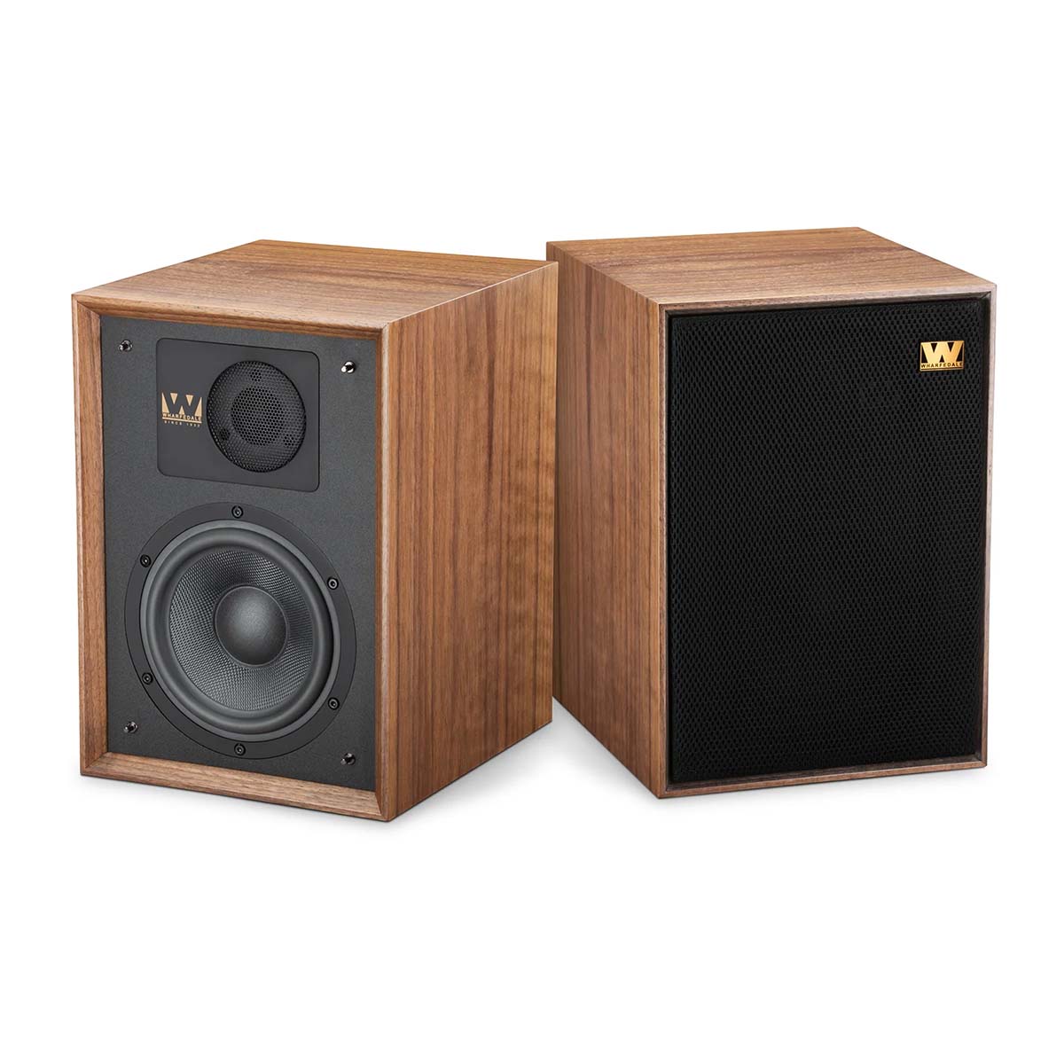 Wharfedale 85th Anniversary Denton Bookshelf Speakers - pair in walnut - without and with grilles - angled front views