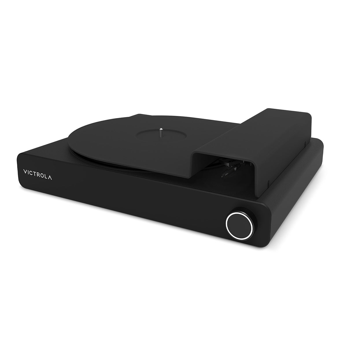 Victrola Stream Onyx Wi-Fi Streaming Turntable - Black - front view angled down and left with dust cover over unit