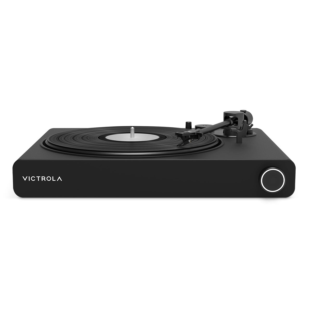 Victrola Stream Onyx Wi-Fi Streaming Turntable - Black - front view angled down with record on platter and tonearm engaged