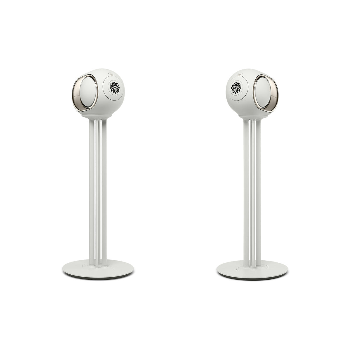 Devialet Phantom Ultimate 98 dB High-End Connected Speaker - Light Pearl - pair of speakers on Light Pearl Devialet Tree stands angled inward