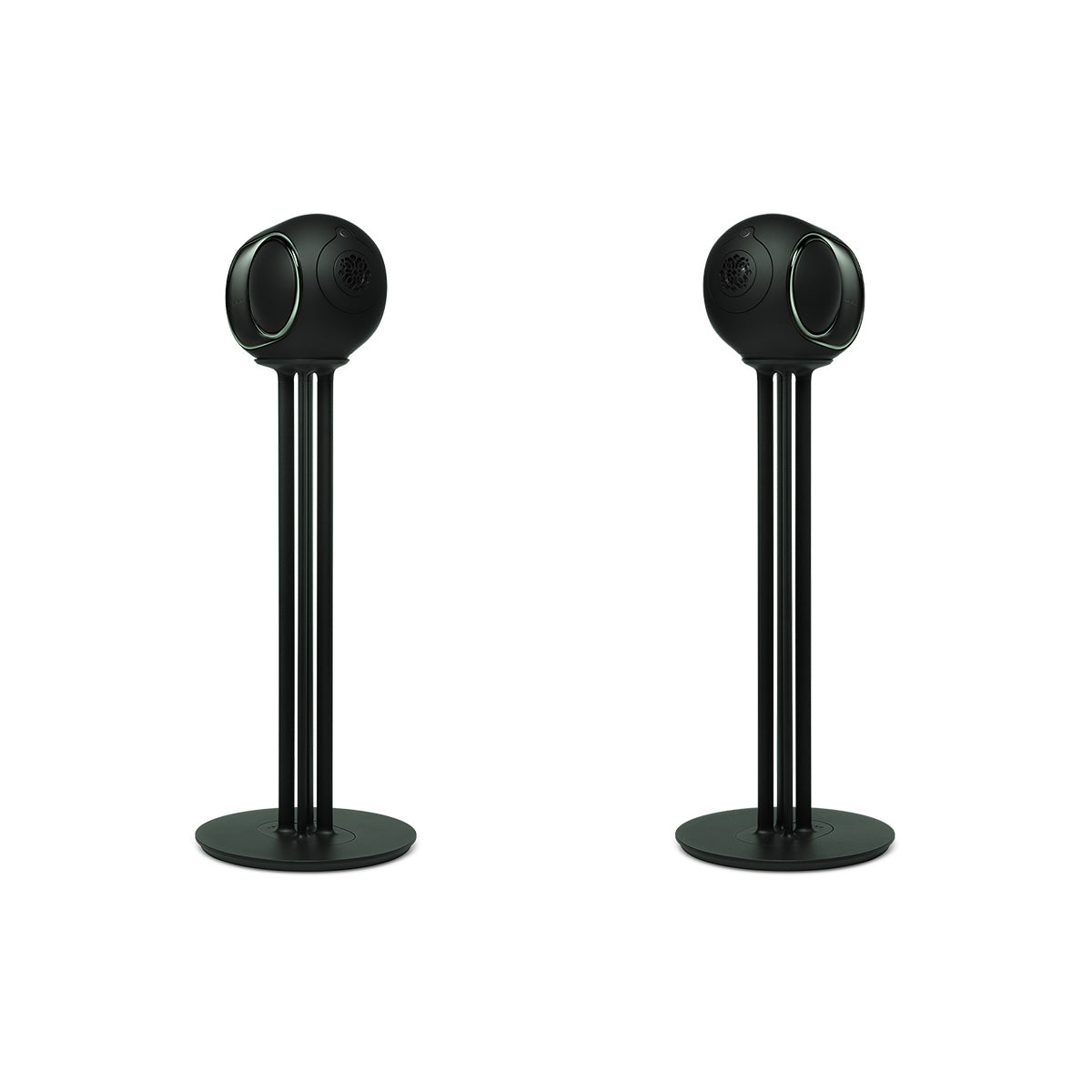 Devialet Phantom Ultimate 98 dB High-End Connected Speaker - Deep Forest - pair of speakers on Deep Forest Devialet Tree stands angled inward