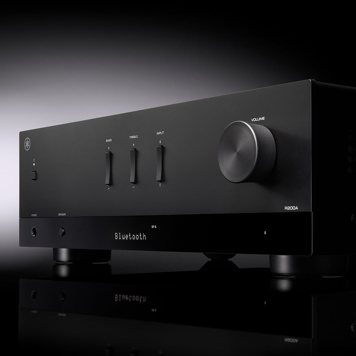 Yamaha R200A 2-Channel Hi-Fi Stereo Receiver with Bluetooth - Black - stylized photo of front panel angled left