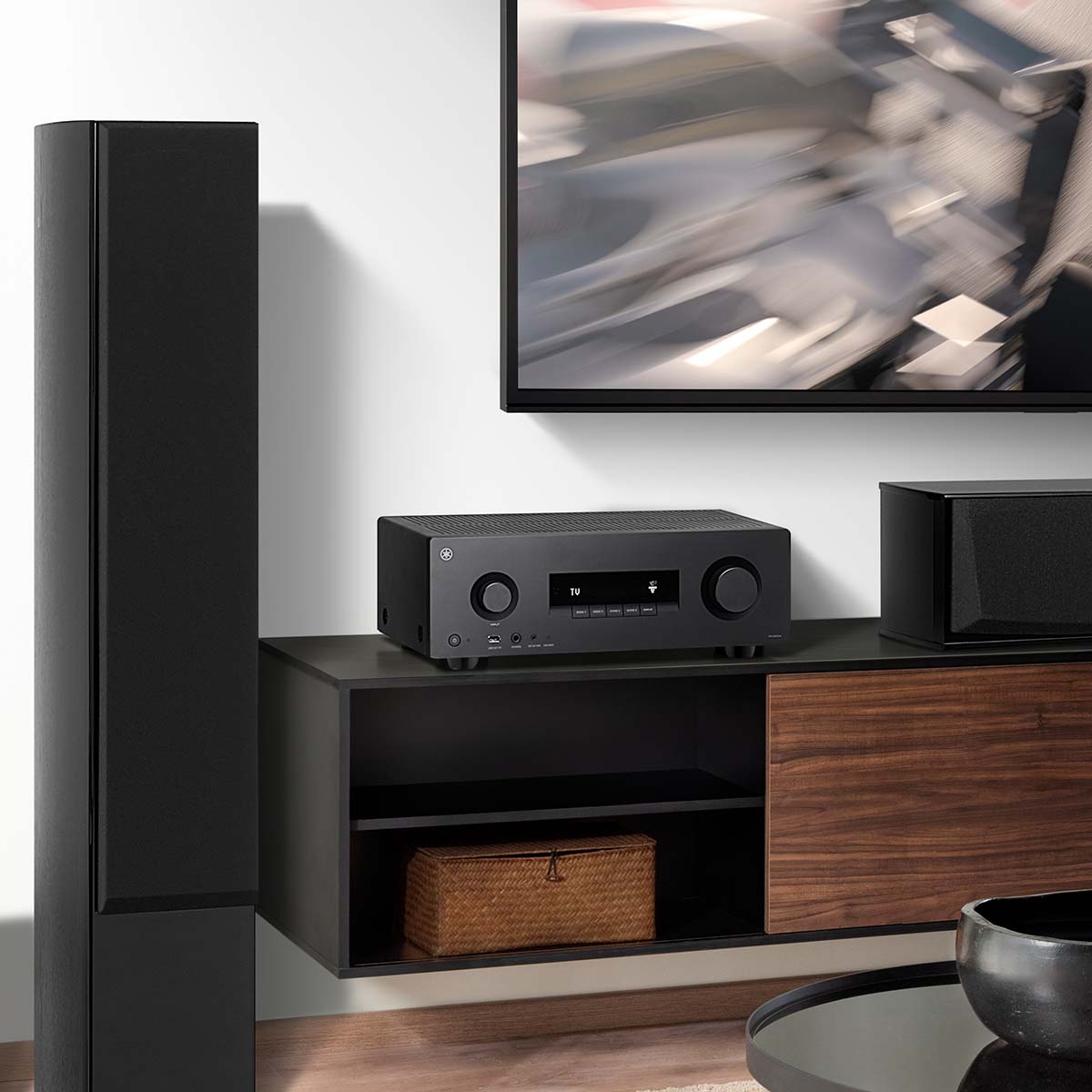 Yamaha RX300A 5.2-Channel AV Receiver - lifestyle image of unit on cabinet front view angled right