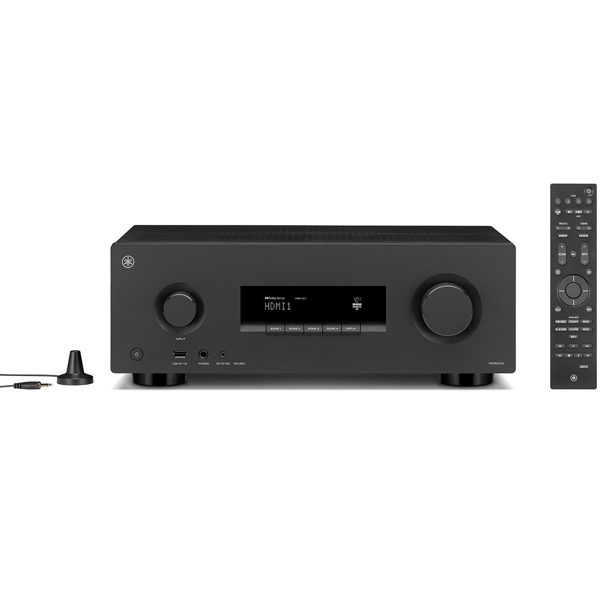 Yamaha RX500A 5.2-Channel AV Receiver - front view with remote to right and dongle to left