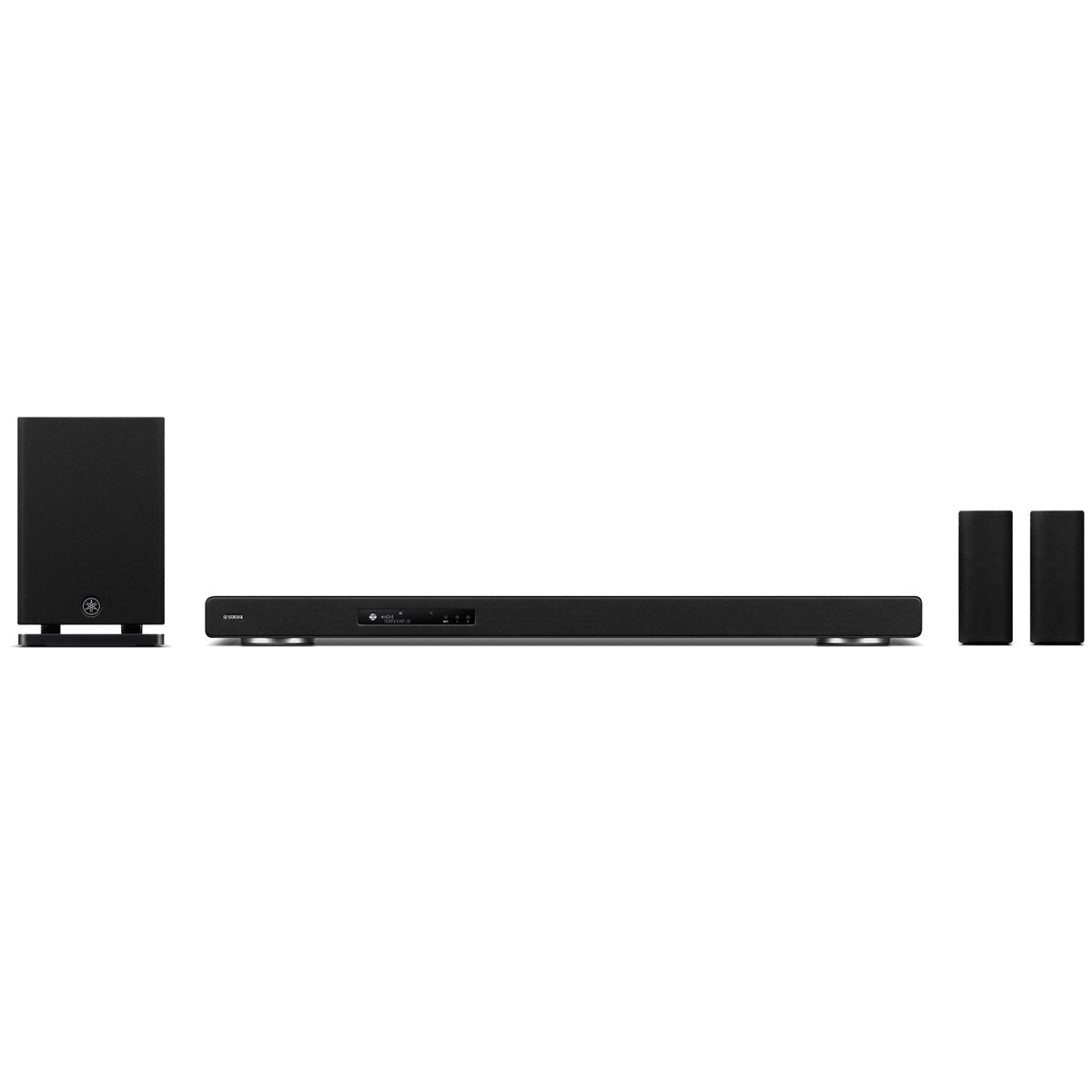 Yamaha True X Surround 90A Soundbar/Surround Sound System - from left to right: subwoofer, bar and two surround speakers front view