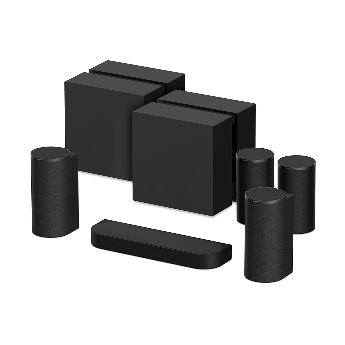 Sony BRAVIA Trio Home Theater System front view angled left with additional sold-separate speakers and subwoofers