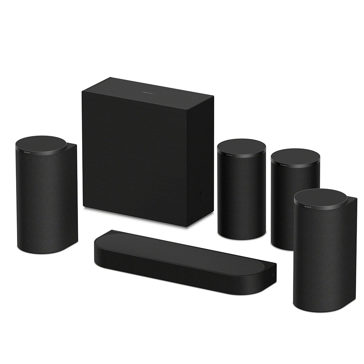 Sony BRAVIA Trio Home Theater System front view angled left with additional sold-separate speakers and subwoofer