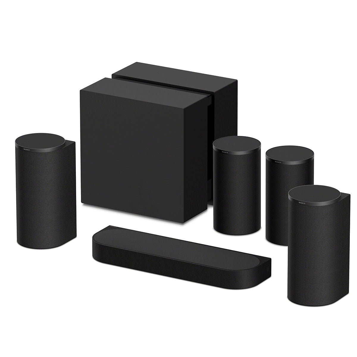 Sony BRAVIA Trio Home Theater System front view angled left with additional sold-separate speakers and subwoofer