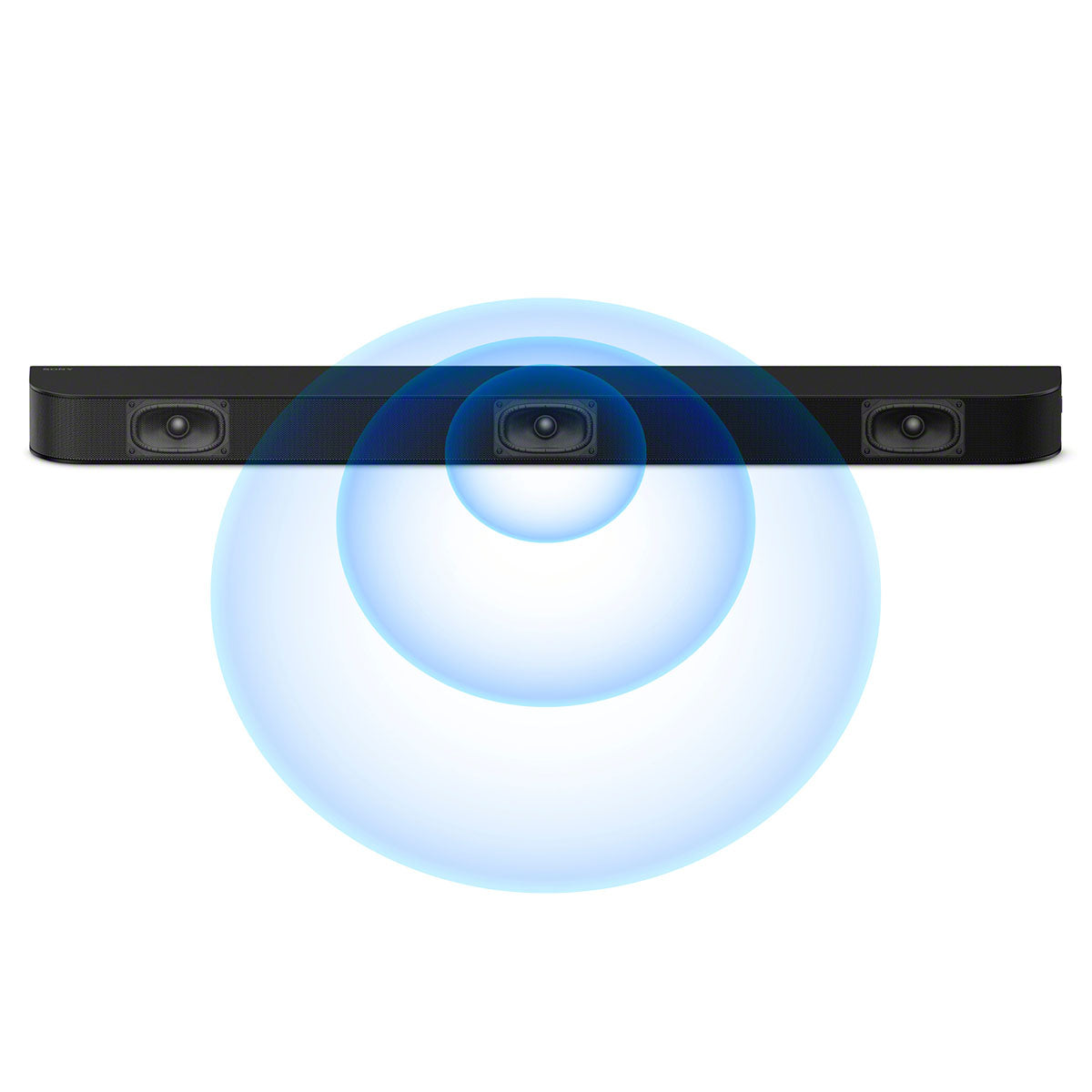 Sony BRAVIA Theater Bar 5 Soundbar front view of bar with graphics showing internal speakers and sound waves radiating from center speaker