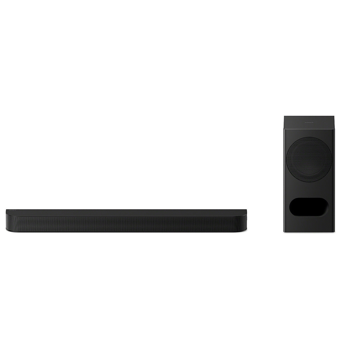 Sony BRAVIA Theater Bar 5 Soundbar front view angled down with bar to left and subwoofer to right
