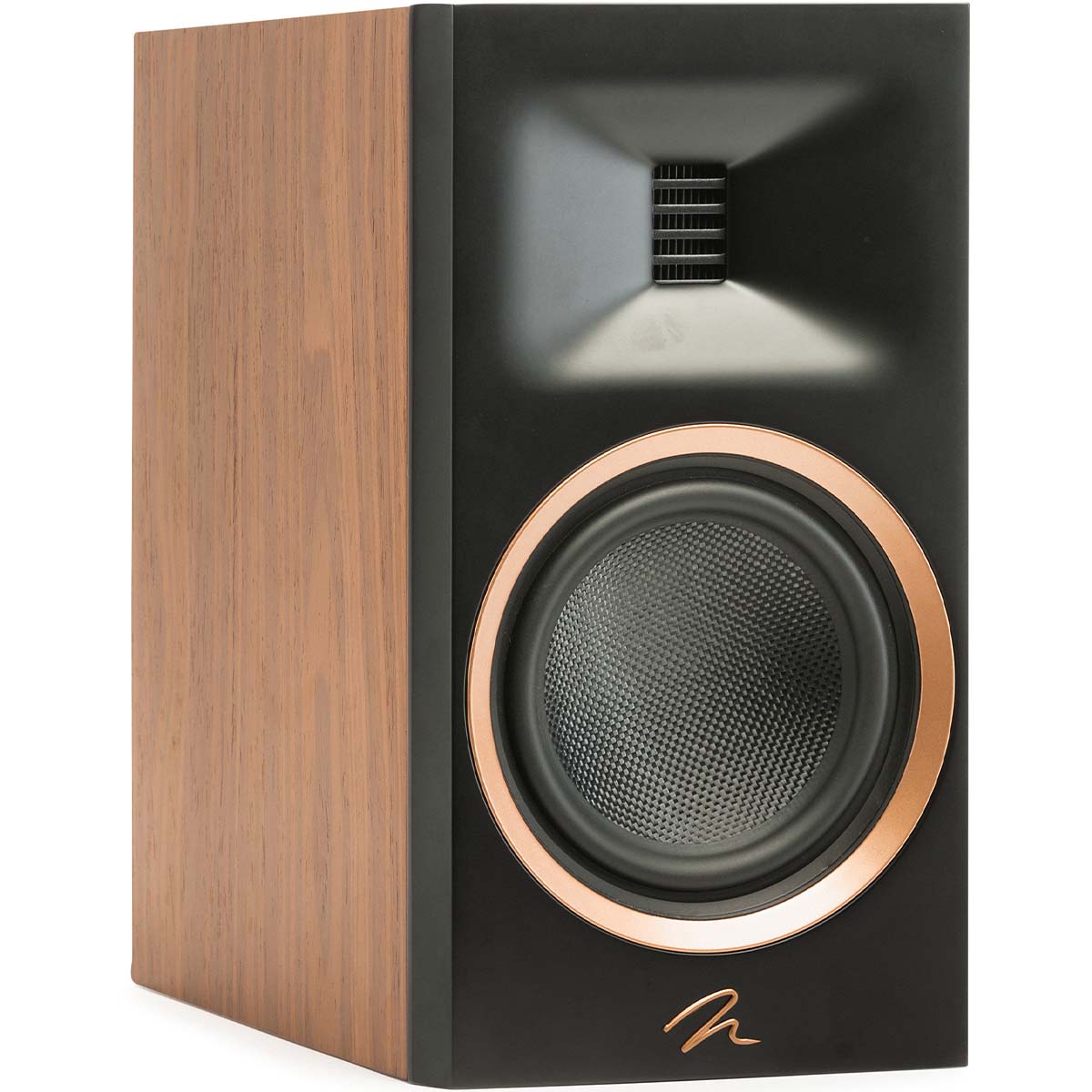 MartinLogan Motion XT B10 Bookshelf Speaker in walnut, angled view without grilles on white background