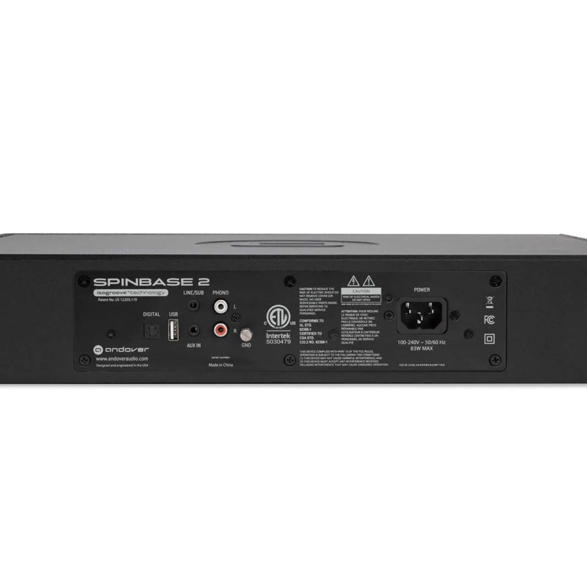 Andover SpinBase 2 Powered Turntable Speaker - black - rear view showing inputs