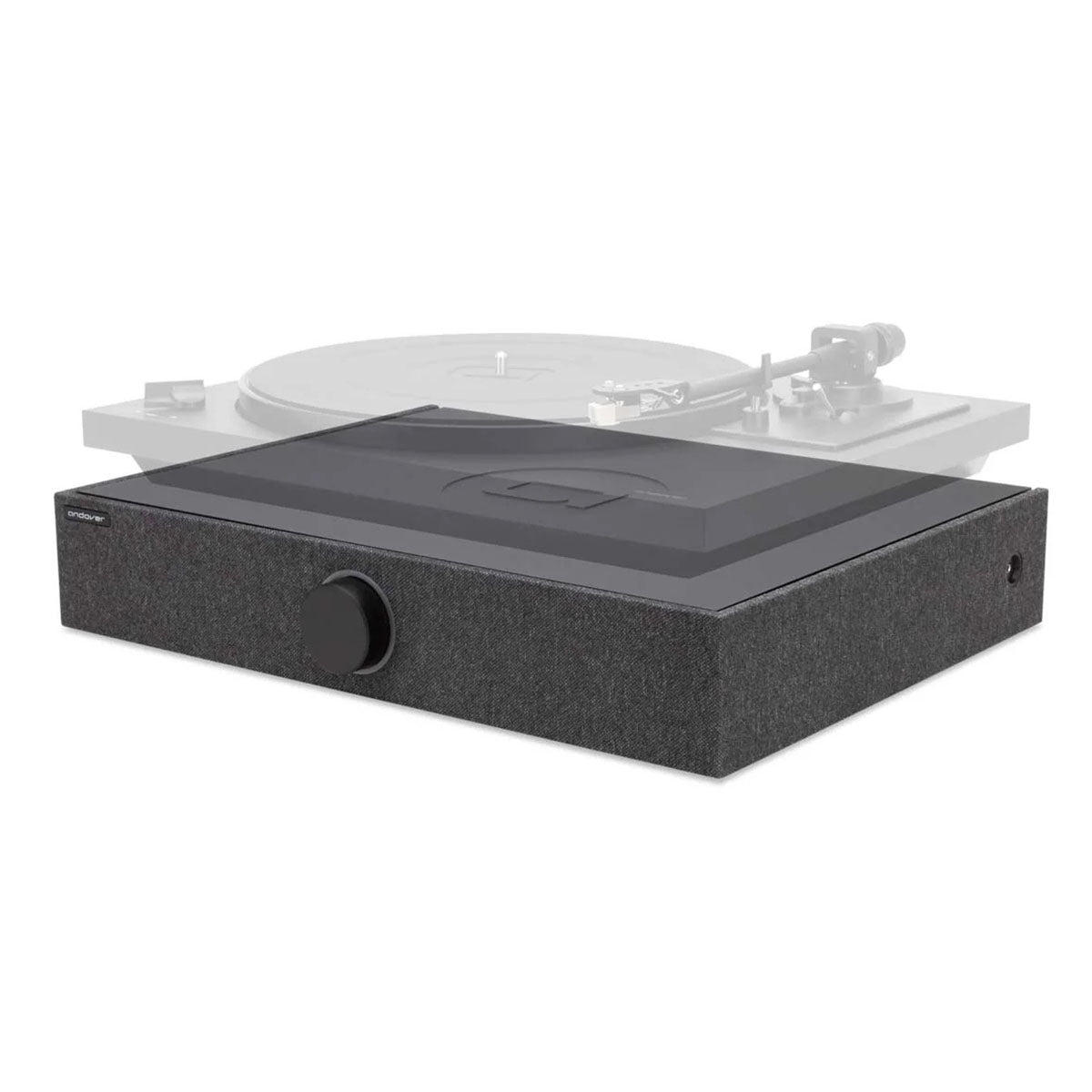 Andover SpinBase 2 Powered Turntable Speaker - black - front side and top view angled left with transparent turntable on top