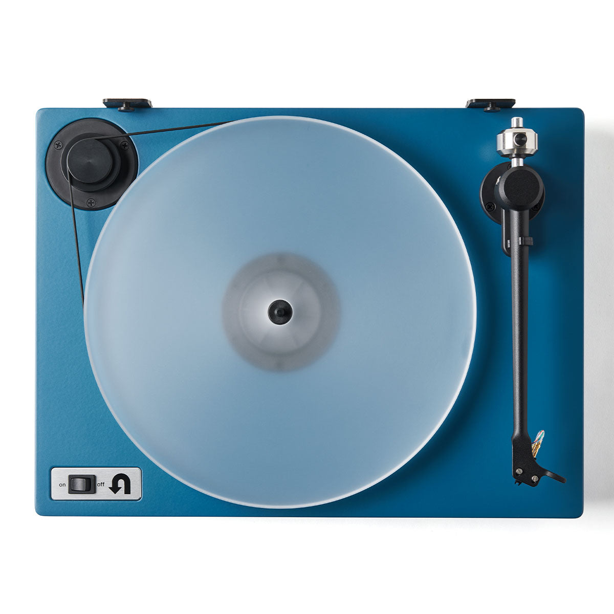 Blue U-Turn Orbit 2 Plus Turntable on white background from top