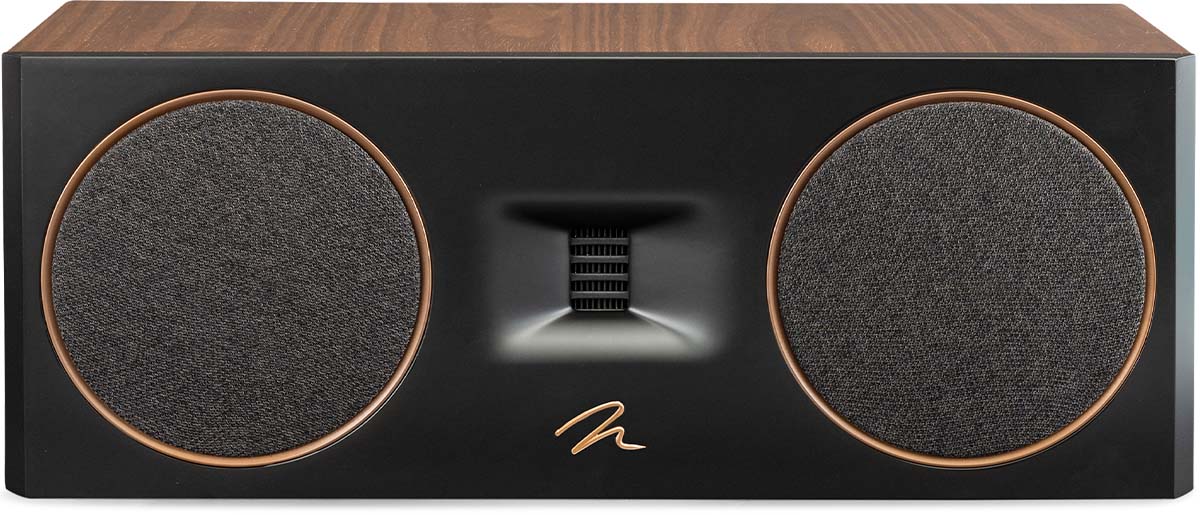 MartinLogan Motion C10 Bookshelf Speaker in walnut front view with grilles on white background