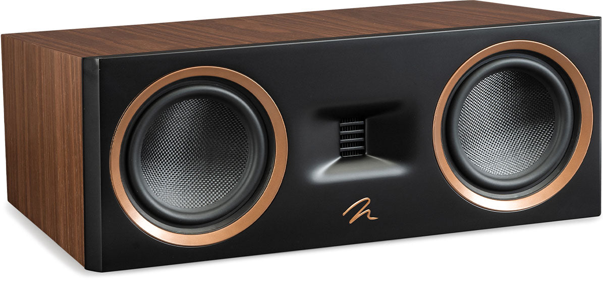 MartinLogan Motion C10 Bookshelf Speaker in walnut front angled view without grilles on white background