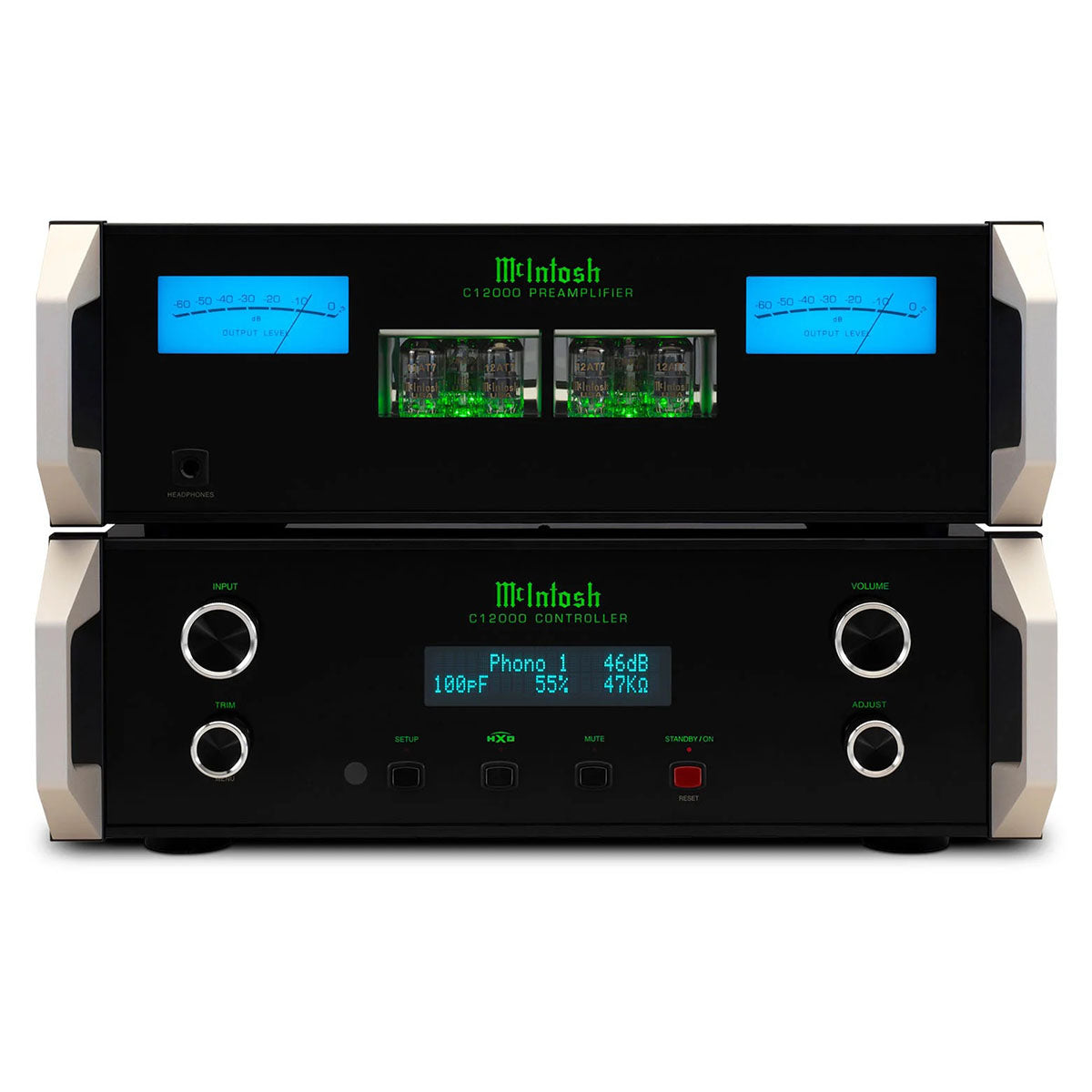 McIntosh C12000 Stereo Preamplifier 75th Anniversary Edition - front view with both chassis stacked