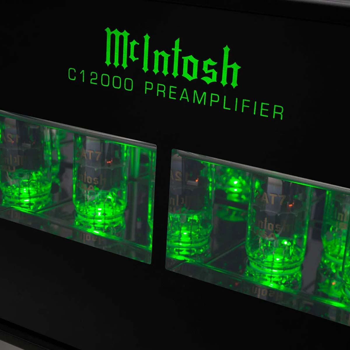 McIntosh C12000 Stereo Preamplifier 75th Anniversary Edition - close up of front tubes and wordmark