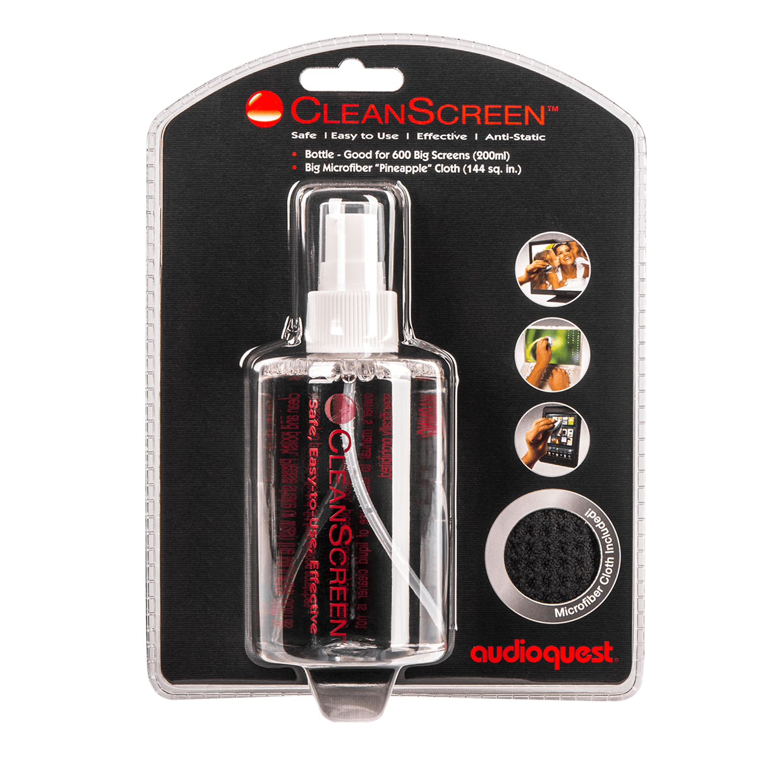 AudioQuest CleanScreen Pack with 6 oz. (200 ml.) Bottle + Microfiber Cleaning Cloth - front view