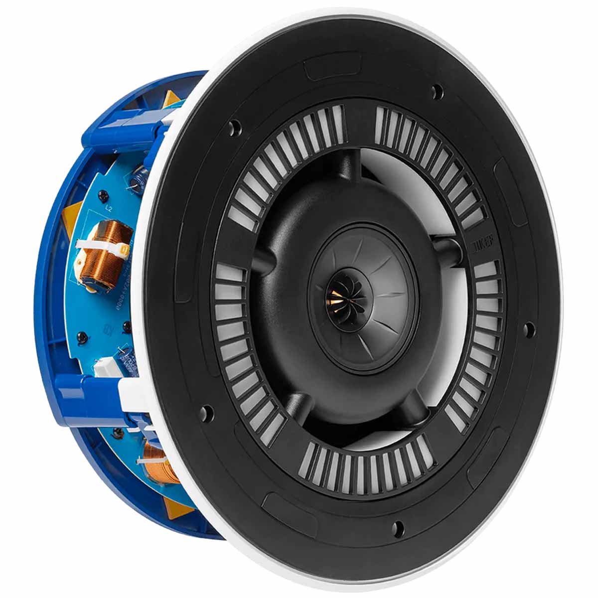 KEF Ci250RRM-THX In-Ceiling Loudspeaker - White - Each - angled front view without grille