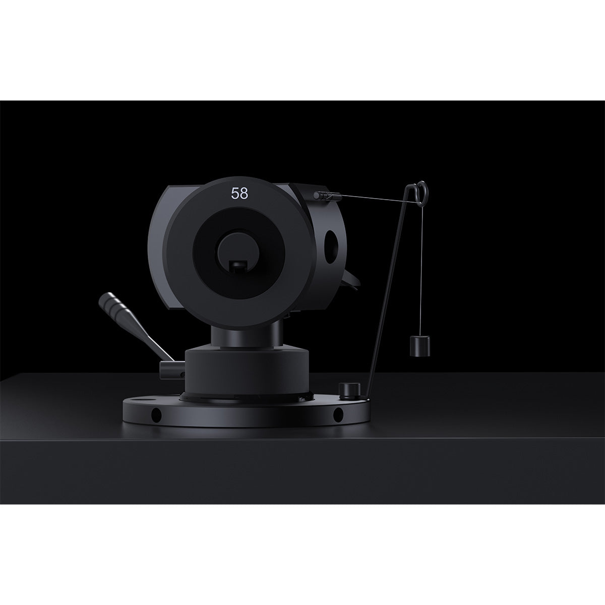 Pro-Ject Debut Pro S Turntable counterweight and tonearm assembly on black background
