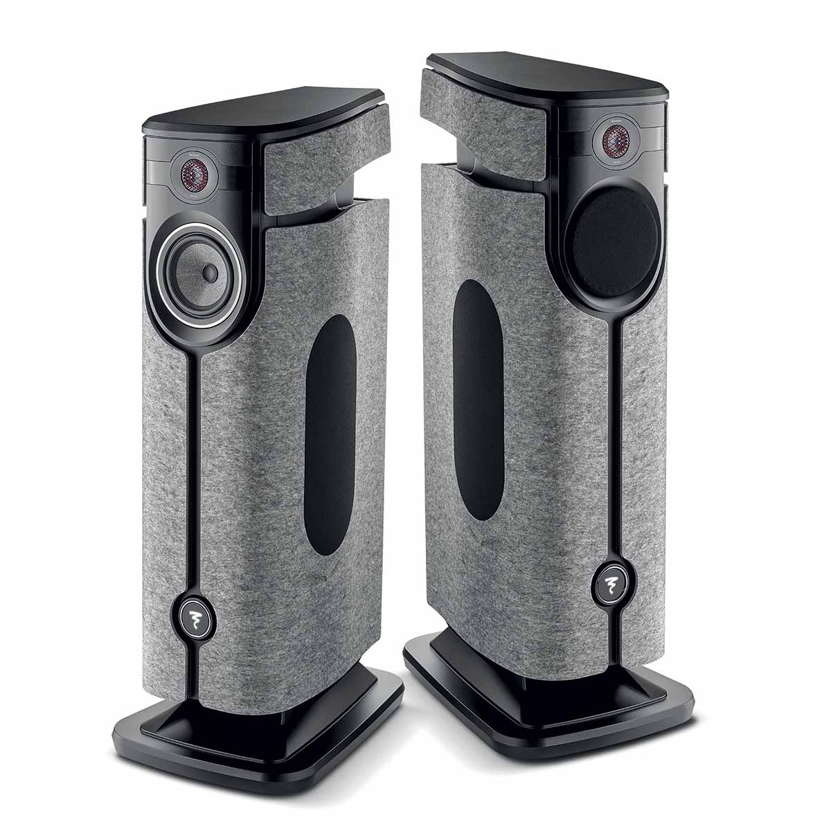 Focal Diva Utopia 3-Way Active Wireless Loudspeaker - two speakers, left speaker angled left without grille, right speaker angled right with grille