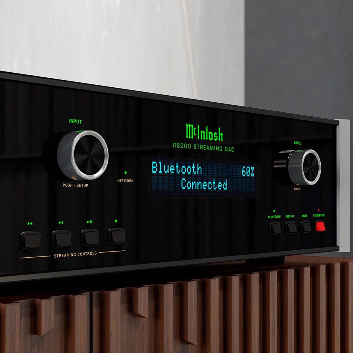 McIntosh DS200 Streaming DAC - lifestyle shot front view angled right on cabinet