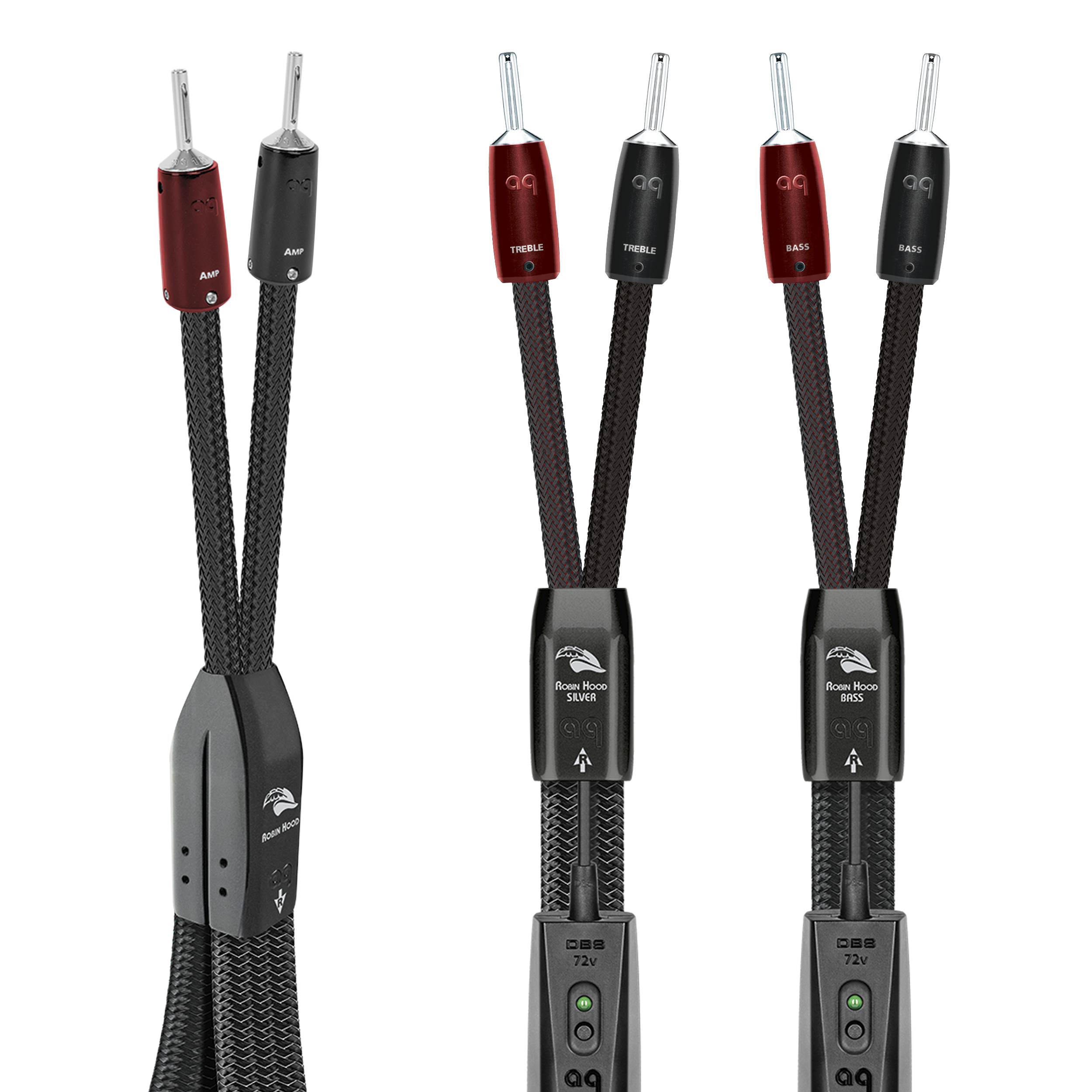 AudioQuest Robin Hood SILVER BiWire COMBO Speaker Cable w/ SILVER ZERO for Treble + BASS for Bass - front view