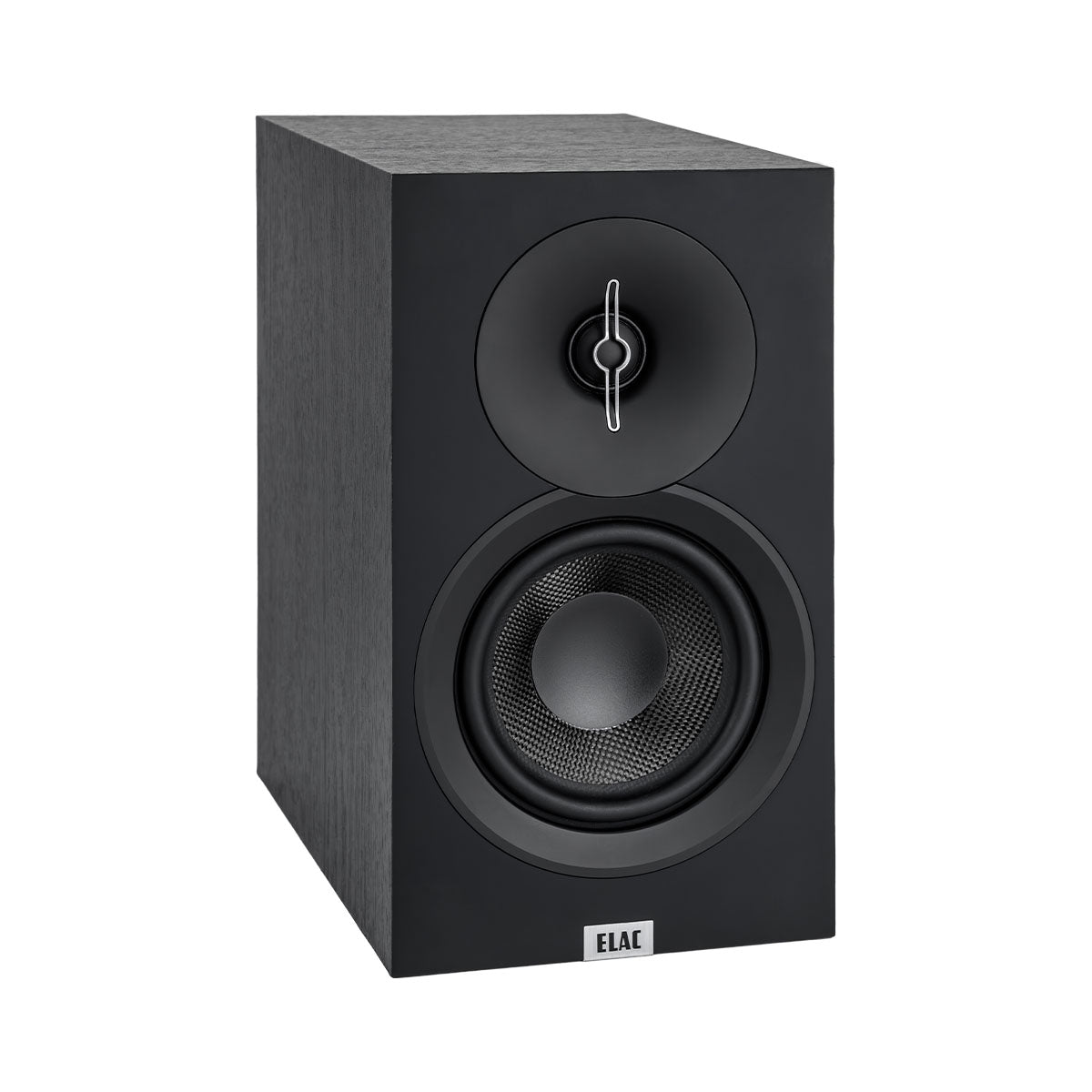 ELAC Debut 3.0 DB53 5.25" Bookshelf Speakers - Black - single speaker front view no grille angled right