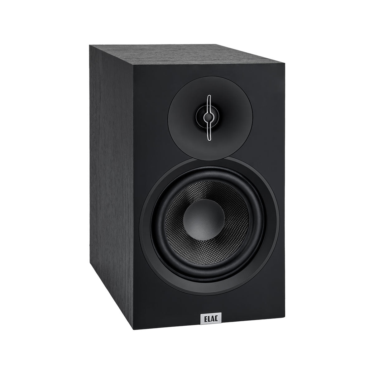 ELAC Debut 3.0 DB63 6.5" Bookshelf Speakers - Black - single speaker front view no grille angled right