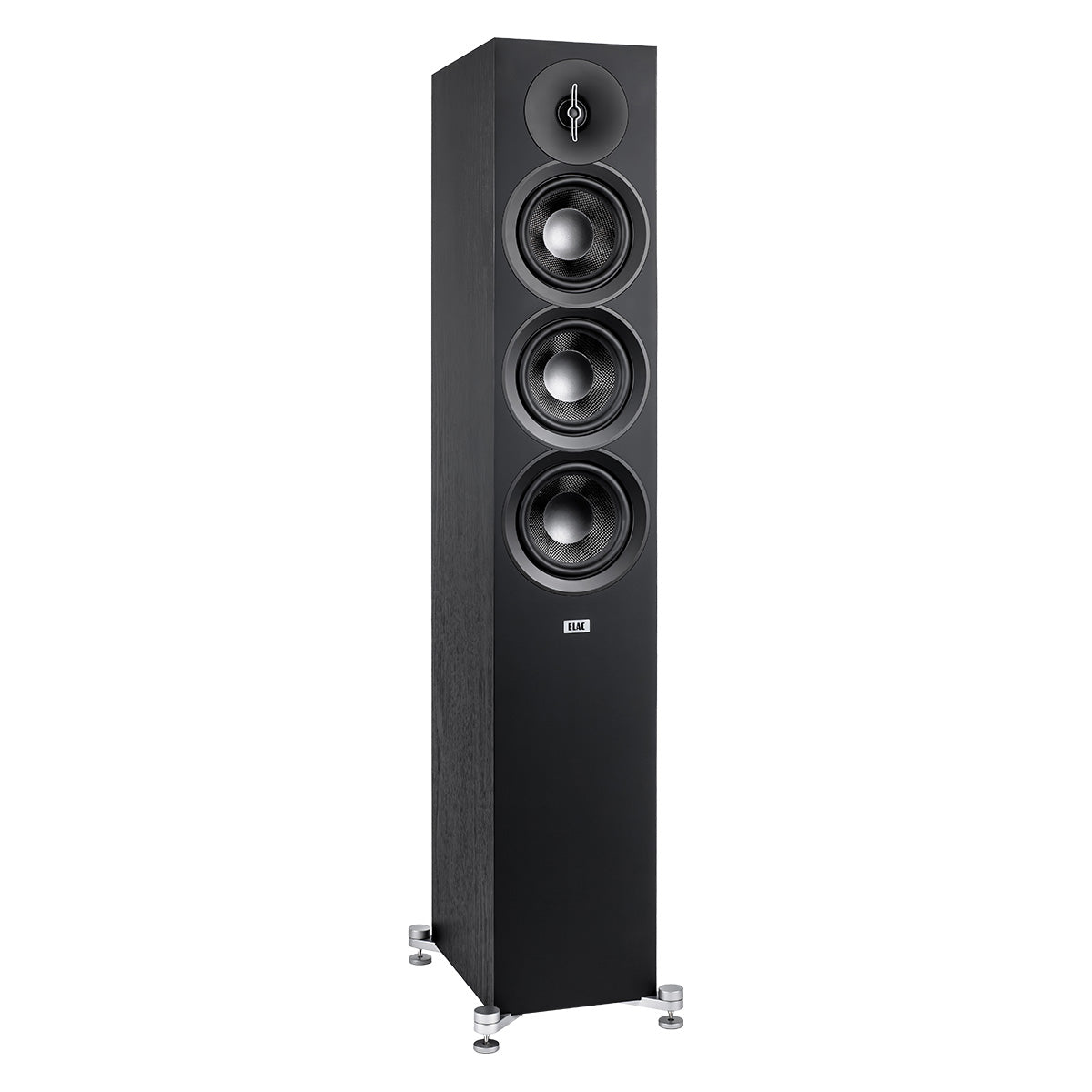 ELAC Debut 3.0 DF53 5.25" Floorstanding Loudspeaker - Black - single speaker front view angled right no grille