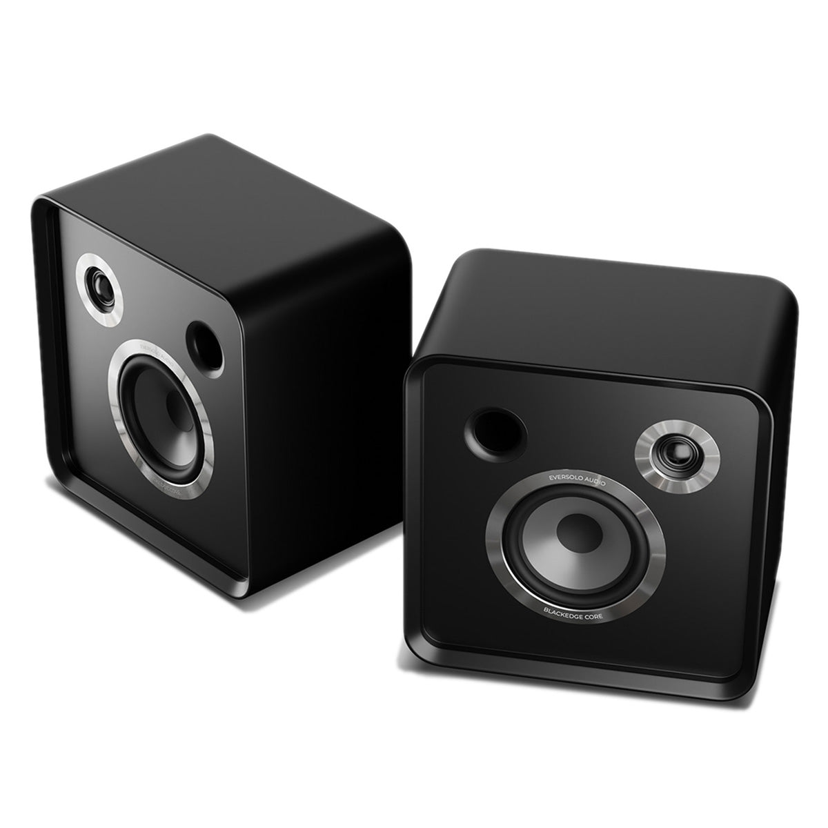 EverSolo SE100 Passive HiFi Bookshelf Speakers - Pair - front and top view angled left without grilles