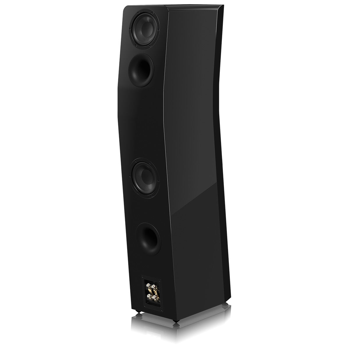 SVS Ultra Evolution Tower Floorstanding Loudspeaker - single piano black with grille - angled rear view with components