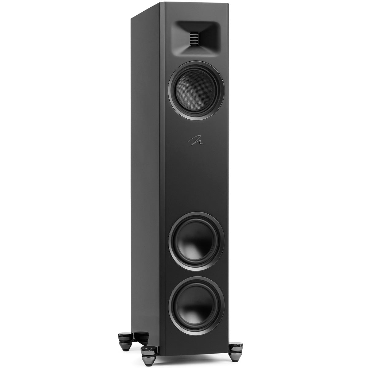 MartinLogan Motion XT F10 Floorstanding Speaker in black, angled view without grilles on white background