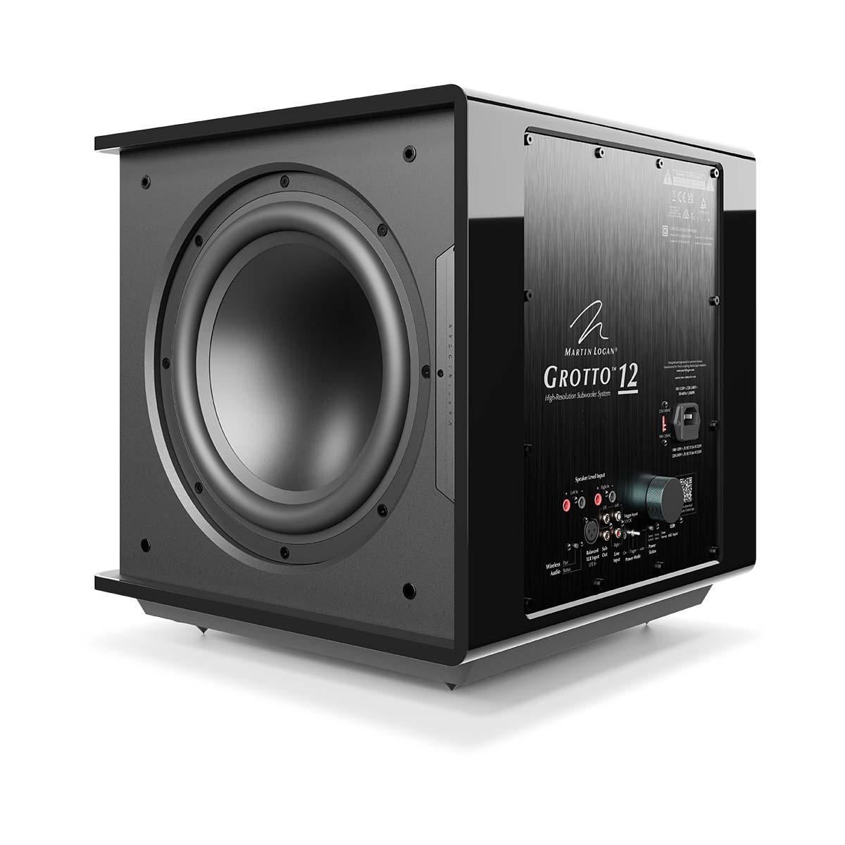 MartinLogan Grotto 12 Subwoofer - Gloss Black - side and rear view angled left without grilles