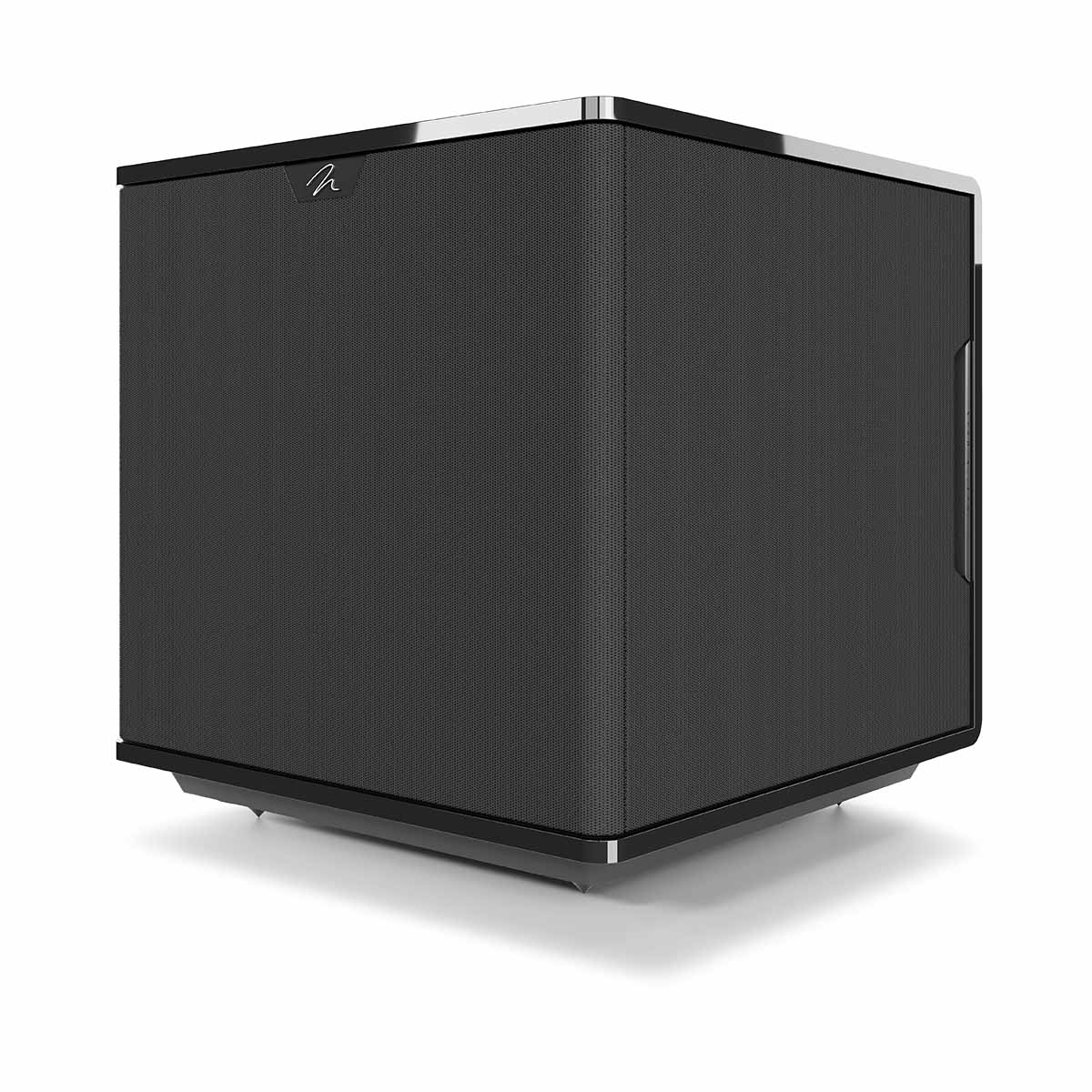 MartinLogan Grotto 12 Subwoofer - Gloss Black - front and side view angled left with grilles