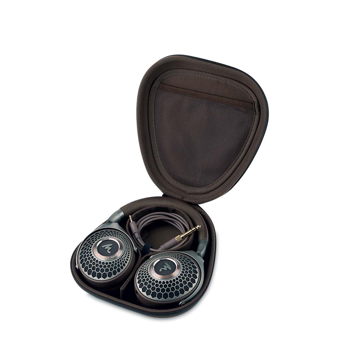 Focal Hadenys Open-Back Headphones - brown - headphones and cable in open carrying case