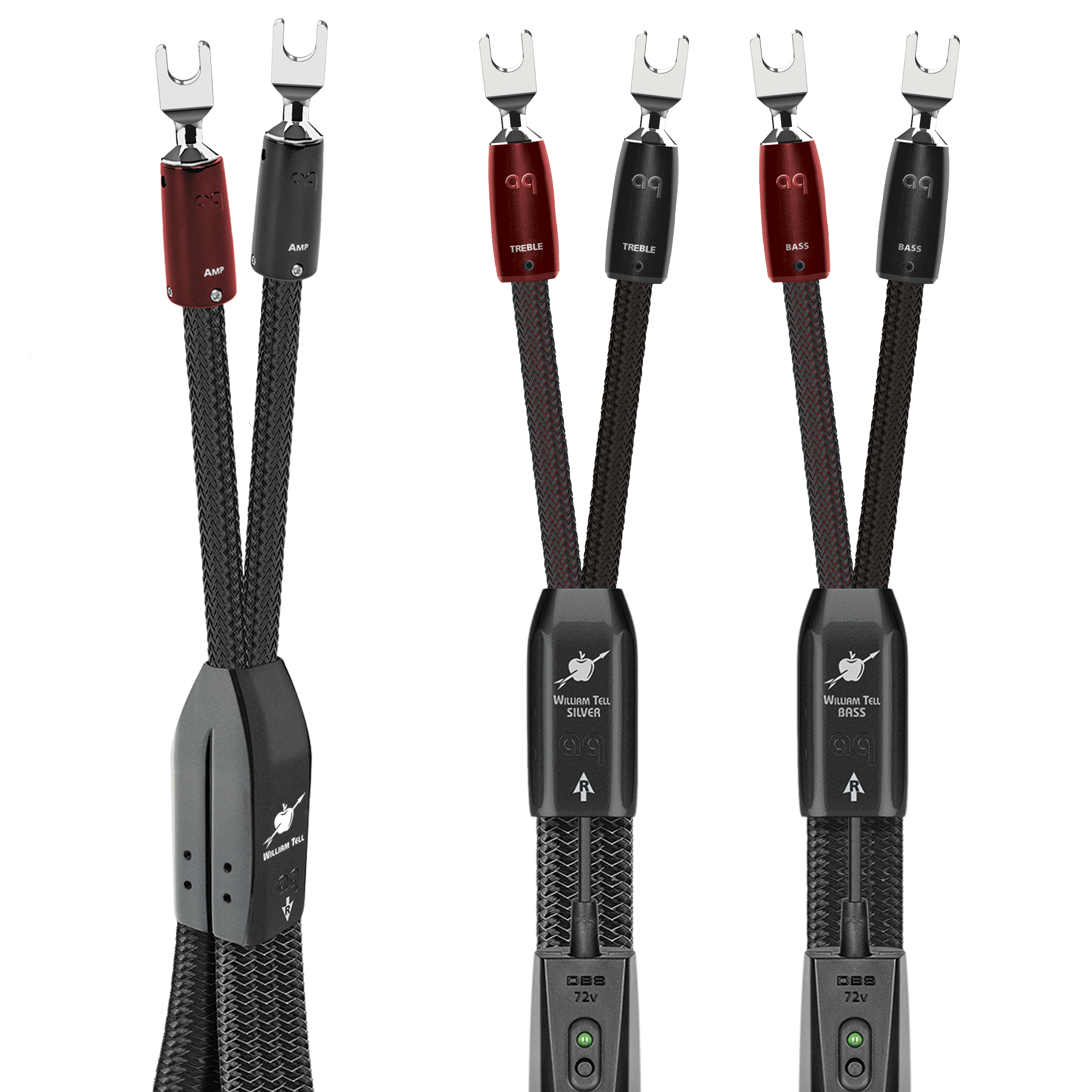 AudioQuest William Tell SILVER BiWire COMBO Speaker Cable w/ SILVER ZERO for Treble + BASS for Bass - front view