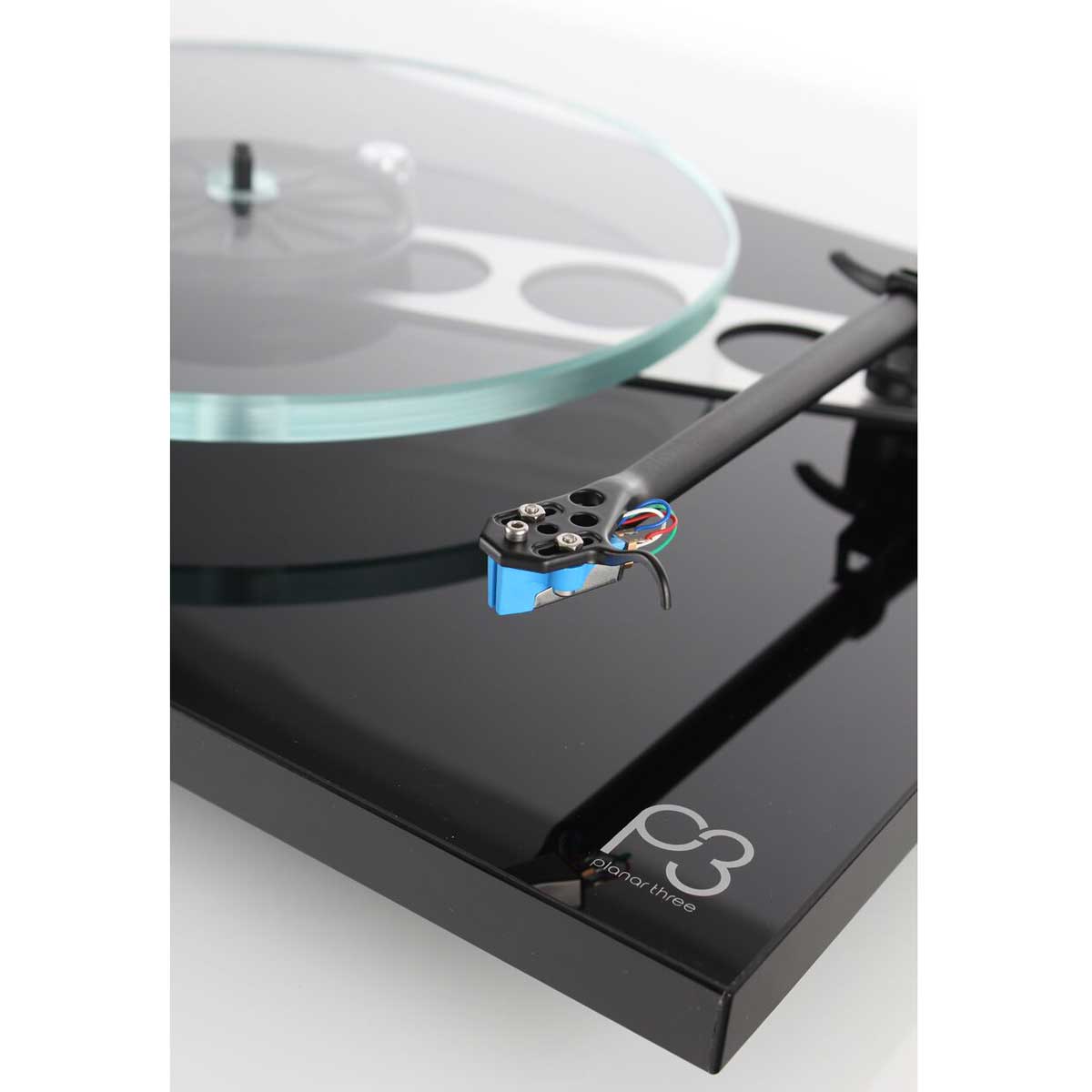 Detail view of Rega Planar 3 turntable in black