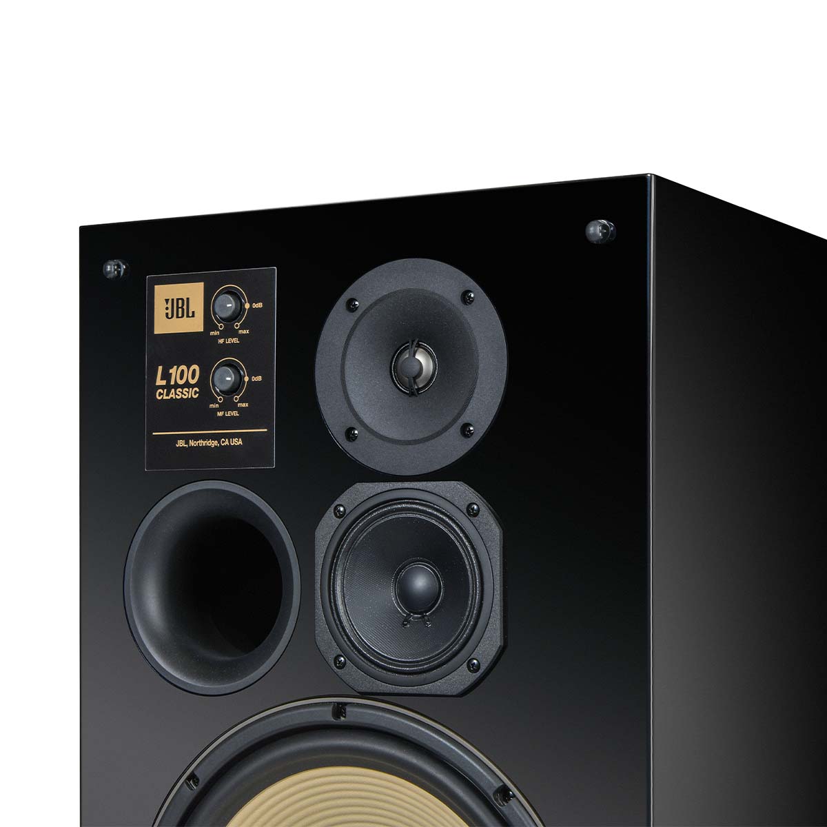 JBL L100 Classic Bookshelf Speaker - Limited Edition Gloss Black close-up of attenuator controls